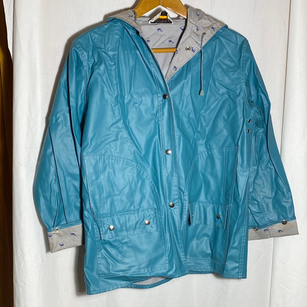 Vintage 1980’s Raincoat Turquoise PVC coated canvas with whales - women size L